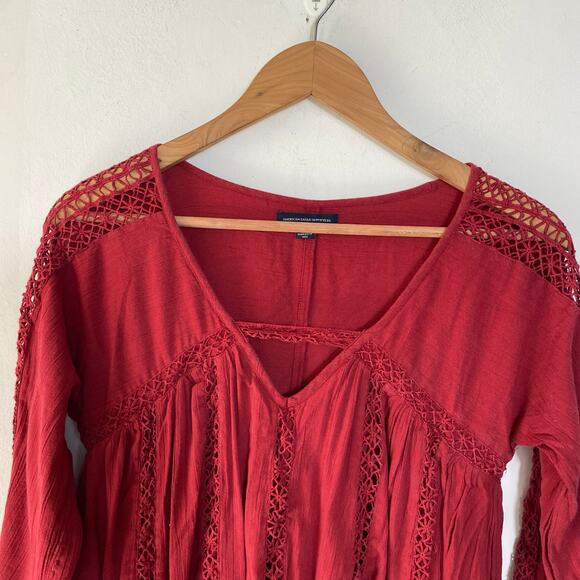 American Eagle Maroon XS Babydoll Dress Boho Crochet Y2K Flowy Festival Style - Picture 3 of 9